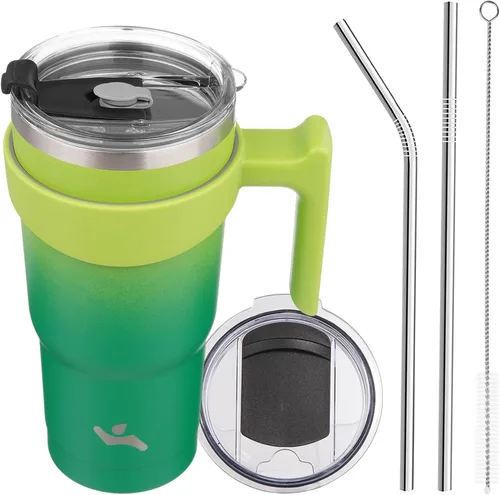 Miniatura 54 de Konokyo - Vaso de 10 onzas con asa y 2 popotes, 2 tapas, botella de agua aislada de acero inoxidable, taza de viaje reutilizable, color verde militar