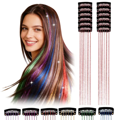 Miniatura 13 de 12 extensiones de cabello de oropel con clip, color champán, extensiones de cabello de oropel con clip, extensiones de cabello con purpurina