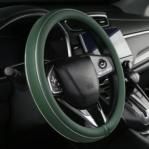 ALEMODR Funda de cuero verde para volante con tira de fibra, funda universal para volante de coche de 38 cm