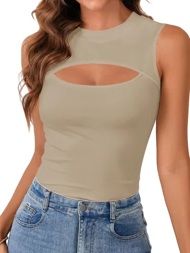 Miniatura 25 de Vrtige Camiseta sin mangas sexy con cuello redondo para mujer, de punto acanalado, sin mangas, ajustada