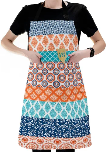 Miniatura 6 de Delantales de peto a rayas color verde azulado naranja con bolsillos, impermeable, delantal ajustable para hombres y mujeres, bohemio, moderno