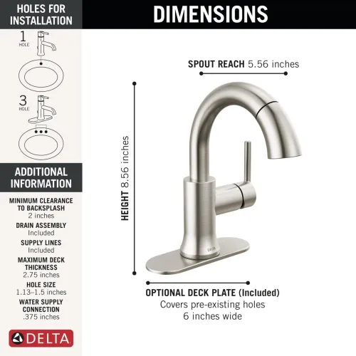 Miniatura 5 de Grifo de Baño Delta Trinsic Extraíble, Grifo de Baño Extraíble, Grifo de Baño de Níquel Cepillado de Un Solo Agujero con Pulsador, Grifo