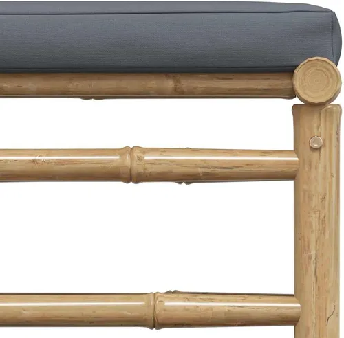Miniatura 6 de vidaXL Juego de sala de patio de 3 piezas con elegantes cojines gris oscuro, muebles de exterior de bambú, sofá medio, reposapiés, mesa auxiliar