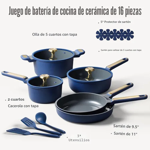 Miniatura 2 de CAROTE Juego de utensilios de cocina de cerámica, juego de ollas y sartenes antiadherentes de 16 piezas, juego de utensilios de cocina no tóxico