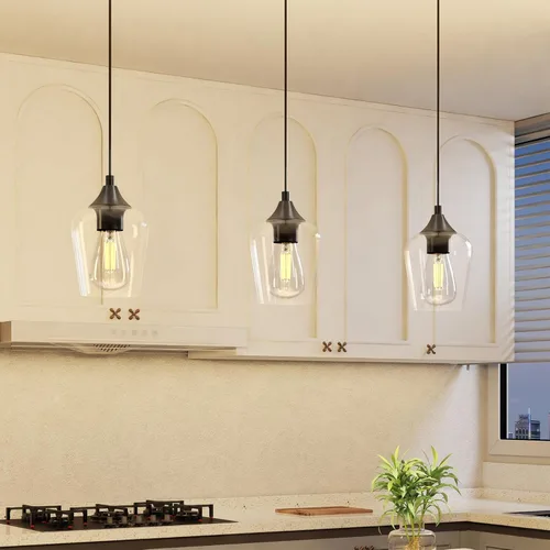 Miniatura 7 de VONLUCE Lámpara colgante para isla de cocina, lámpara colgante negra mate con base E26 y cable ajustable, iluminación colgante moderna con pantalla