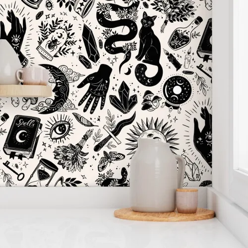 Miniatura 8 de Spoonflower Papel tapiz para despegar y pegar, color negro, blanco, gótico, gótico, mágico, de Halloween, bruja, monocromático, extraíble
