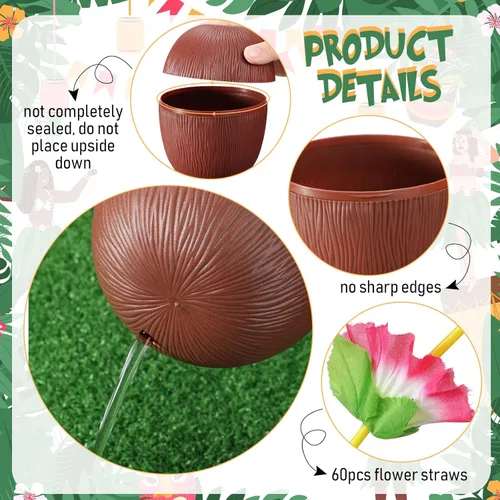 Miniatura 5 de Amyhill 36 tazas tropicales de piña y coco, tazas de plástico para fiestas hawaianas con 36 tapas y pajitas de flores, suministros de despedida