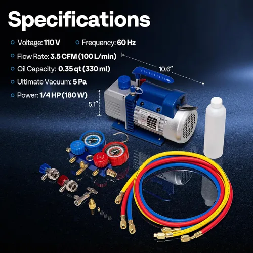 Miniatura 7 de VIVOHOME Bomba de vacío de aire de paleta giratoria de una etapa de 110 V 1/4 HP 3.5 CFM y kit de manómetro de colector de CA R134a para recarga
