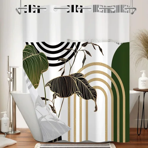 Miniatura 31 de No Hook Geometric Shower Curtain with Snap in Liner - 71″W x 74″L Waterproof Fabric with Mesh Top Window, Modern Abstract Triangle Design Bath