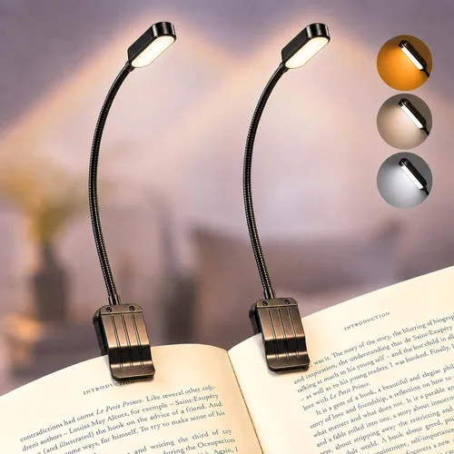 Miniatura 10 de Paquete de 2 luces de lectura recargables para libros en cuidado de ojos de cama, 3 colores, atenuación continua, lámpara de escritorio pequeña
