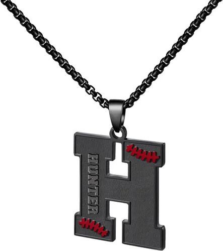 Miniatura 32 de Ldurian Collar personalizado con nombre de béisbol, cadena negra de acero inoxidable, collar con nombre deportivo, letra A-Z de 24 pulgadas, regalos