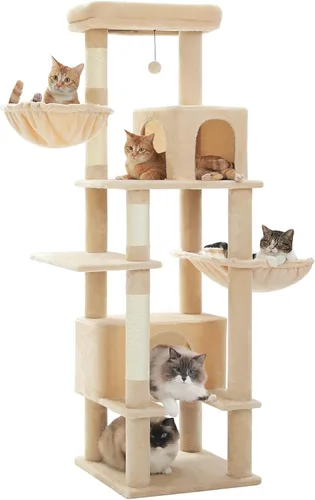 PEQULTI Árbol para gatos de interior de 66 pulgadas, torre alta para gatos grandes con poste rascador, hamaca de metal súper grande y 2 condominios