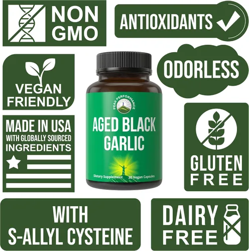 Miniatura 3 de Peak Performance Cápsulas de ajo negro envejecido. Suplemento de extracto puro sin olor de ajo crudo vegano para el colesterol y el apoyo
