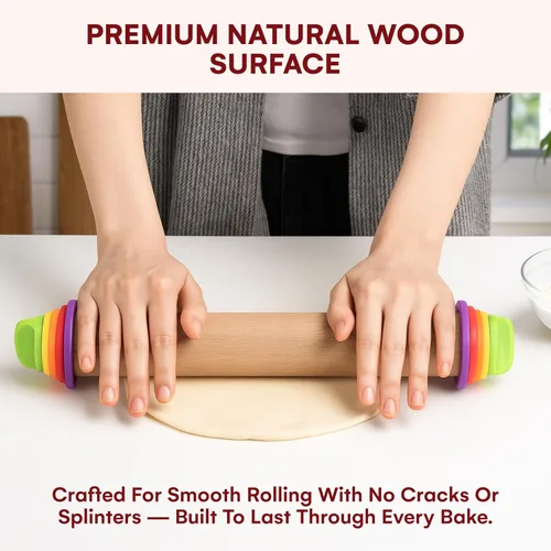 Miniatura 3 de Kitchtic Rodillo con anillos de grosor – Rodillo de madera ajustable – Herramienta esencial para hornear y rodillo – Grosor consistente – Fácil