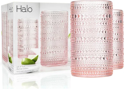 Glaver's Hobnail - Juego de vasos para beber vintage, color rosa, vasos con cuentas, juego de 4 vasos de cóctel de 15 onzas, vasos de burbujas, para