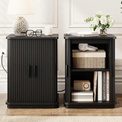 Miniatura 5 de ONBRILL Mesa auxiliar cuadrada con estación de almacenamiento y carga, mesa auxiliar acanalada con puerta corredera y pedestal resistente, mesita