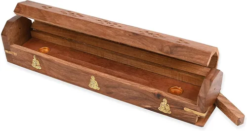 Miniatura 5 de Paquete de 2 soportes para varillas de incienso, estilo ataúd, quemador de incienso de madera con incrustaciones de BUDDHA (NATURAL) hecho a mano