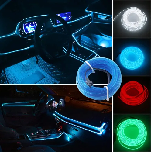Miniatura 4 de Cable electroluminiscente de luz de neón de 16 pies y 12 V con protección de fusible para decoración interior de automóvil con borde de costura
