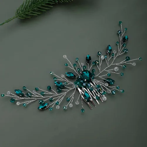 Teyglen Peines delicados para el cabello de boda, color dorado y plateado, con diamantes de imitación verdes, peine lateral de cristal, accesorios