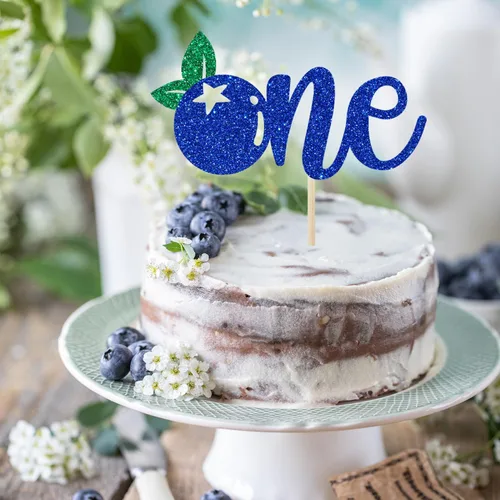 Miniatura 3 de Calarjeta Decoración para pastel de primer cumpleaños de arándanos, papel apto para alimentos, 4.2 x 5.9 pies, purpurina azul y verde, decoración