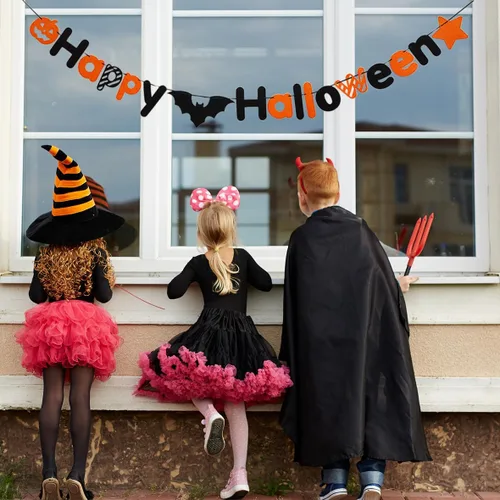 Miniatura 4 de JSDJ Cartel de Feliz Halloween, guirnalda de fieltro con decoraciones de calabaza araña, suministros de fiesta para uso en interiores, pared