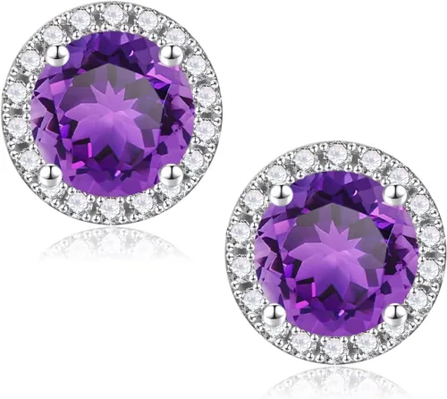 Aretes de piedra natal natural de 0.8 quilates para mujeres y niñas, aretes de plata de ley 925 con halo de corte redondo amatista rubí, topacio