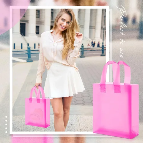 Miniatura 4 de Qilery Paquete de 100 bolsas de regalo de plástico esmerilado con asas, pequeñas bolsas de plástico de 8 x 4 x 10 pulgadas para pequeñas empresas