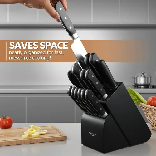 Miniatura 2 de TIVOLI Juego de 15 cuchillos de cocina de acero inoxidable de alto carbono con bloque y barra de afilado, juego de cuchillos negros afilados de alta