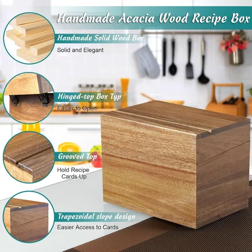 Miniatura 3 de DRASTAR Caja de tarjetas de recetas, soporte para recetas de acacia de 4 x 6, organizador de recetas con 50 tarjetas y 6 divisores, caja de tarjetas