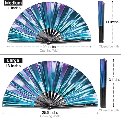 Miniatura 3 de Ventilador grande para rave, ventilador de mano plegable Clack con tela de primera calidad, marco de bambú grueso para hombres y mujeres, regalo