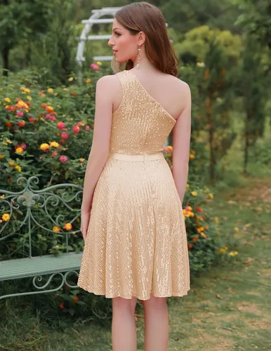 Miniatura 5 de BeryLove Vestido de lentejuelas para mujer, con purpurina brillante, un hombro, vestido de fiesta, club, vestido de fiesta bodycon vestido