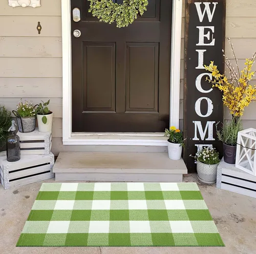 Miniatura 5 de Tapete verde y blanco para puerta delantera 24"x35", alfombra de porche delantero a cuadros búfalo, algodón tejido, lavable a máquina, reversible