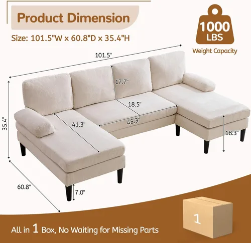 Miniatura 2 de Korser Sofás seccionales en forma de U para sala de estar, sofá moderno de tela de felpilla de 101 pulgadas con diván doble, sofá de 4 asientos