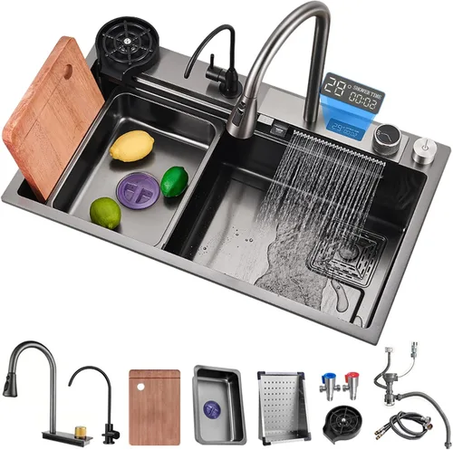 Fregadero de cocina nano negro y gris 304 de acero inoxidable 304, fregadero de cocina con estación de trabajo de un solo tazón, fregadero de cocina