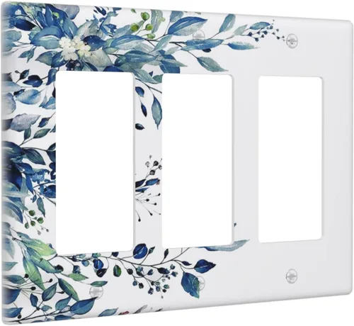 Miniatura 2 de Cubiertas de Salida Triple Basculante con Hojas de Plantas de Eucalipto Azul en Acuarela Floral, Placa Frontal Decorativa de 3 Posiciones, Cubierta