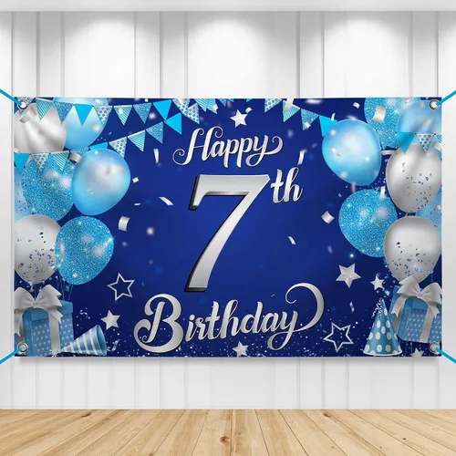 KatchOn, Cartel XtraLarge de feliz cumpleaños 7 – 72 x 44 pulgadas | Decoraciones de cumpleaños para niños y niñas | Fondo de pancarta Hbd para Azul