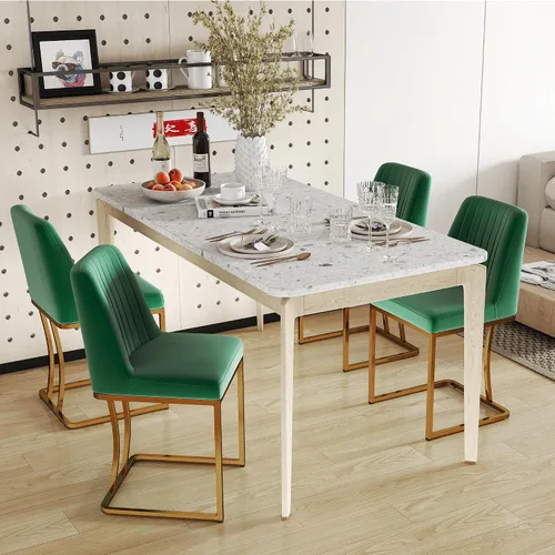 Miniatura 3 de LSSBOUGHT Juego de 2 sillas de comedor tapizadas de terciopelo, sillas acolchadas modernas de mediados de siglo con marco de metal dorado para Verde