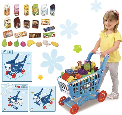 Miniatura 3 de RedCrab Carrito de compras para niños, juguete de supermercado, 54 piezas, incluye carrito de comestibles, tarjeta de crédito, frutas y verduras