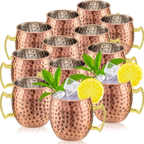 Tessco Juego de 12 Tazas Moscow Mule de 16 oz, Kit de Tazas de Cobre, Tazas de Acero Inoxidable Plateadas en Cobre Martilleado 304 para Bebidas Oro