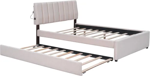 Miniatura 7 de Cama de plataforma tapizada de tamaño matrimonial con nido, cama con plataforma tapizada de vellón de peluche con soporte de listones de madera