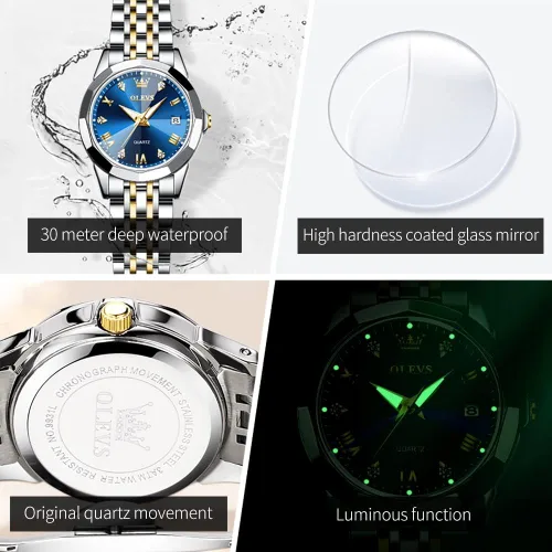 Miniatura 5 de OLEVS Reloj para parejas para él y ella, reloj analógico de cuarzo para hombres y mujeres, de acero inoxidable, impermeable, luminoso, fecha, reloj