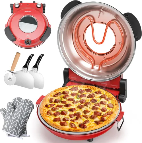 Miniatura 9 de Horno de pizza eléctrico para interiores con piedra de cerámica esmaltada, horno de pizza portátil de 12 pulgadas con temporizador ajustable, Negro