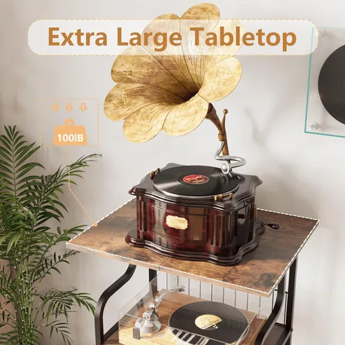 Miniatura 4 de Soporte para tocadiscos, mesa para tocadiscos de 3 niveles, almacenamiento de discos de vinilo con escritorio extragrande, mesa auxiliar para discos