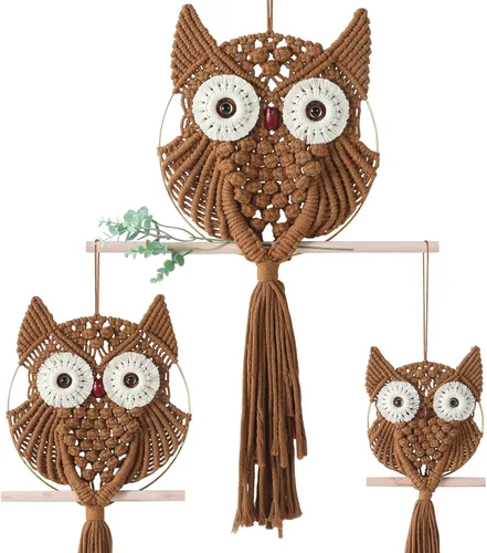 Miniatura 23 de MVSUTA Owl Burgundy Cotton Handmade Macrame Wall Hanging Tapestry Home Decor Art and Red Craft Wonderful Decoration Woven Boho Ornament for Office