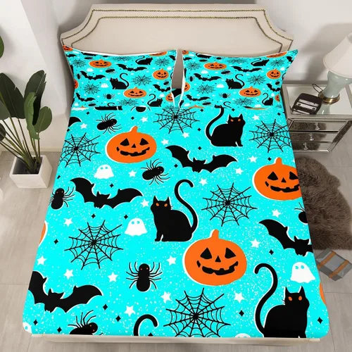 Miniatura 16 de Juego de sábanas bajeras con bonito diseño de gato negro para niños y niñas, diseño de dibujos animados de Halloween, gato, animales, sábanas