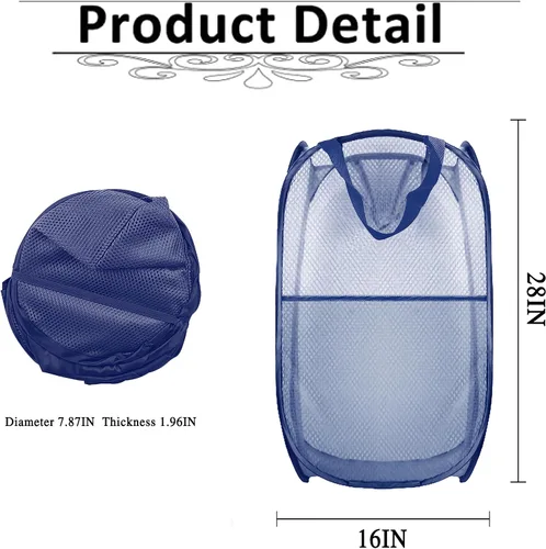 Miniatura 2 de Cesto de ropa sucia plegable emergente, cesta de ropa plegable de malla extragrande, 28" x 16" x 16" (azul)