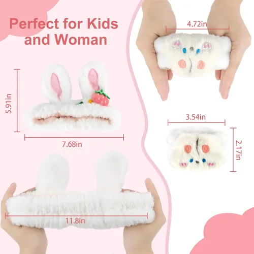 Miniatura 3 de CAVETEE Juego de 3 piezas de diadema linda - Diadema elástica cosmética de spa, pulsera para mujeres, cuidado facial y ducha Oreja de conejo blanco