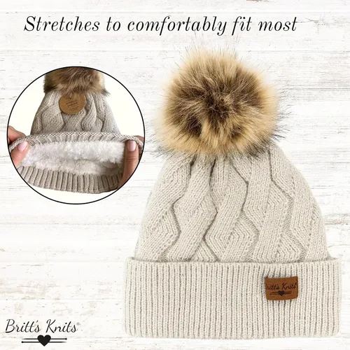 Miniatura 3 de Britt's Knits Gorro de punto cálido para mujer, con forro de felpa, pompón para clima frío