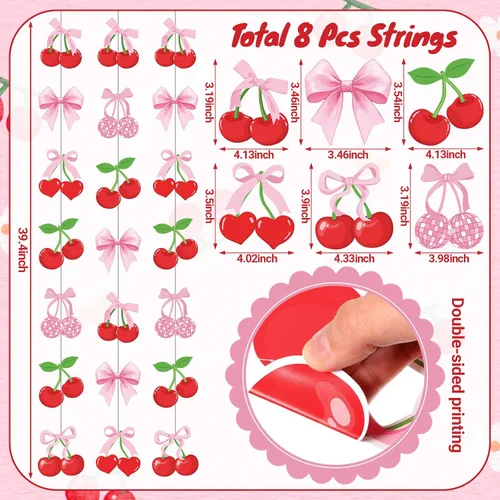 Miniatura 2 de Xinnun Decoraciones de Fiesta de Cerezas Pancartas Colgantes con Lazo Rosa Guirnalda Cerezas Decoraciones de Baby Shower Recortes Cintas Serpentinas