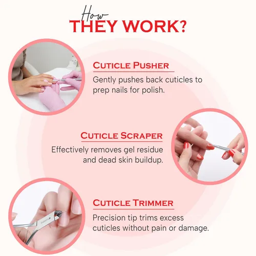 Miniatura 3 de Suvorna Alicates de cutículas con empujador de cutículas, raspador de uñas y removedor de gel, juego profesional de cortadoras de cutículas de acero